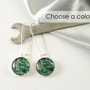Recycled Circuit Board Earrings CHOOSE COLOR, Sterling Silver Dangle Earrings, Engineer Gift, Wearable Technology, Computer Jewelry, Geeky