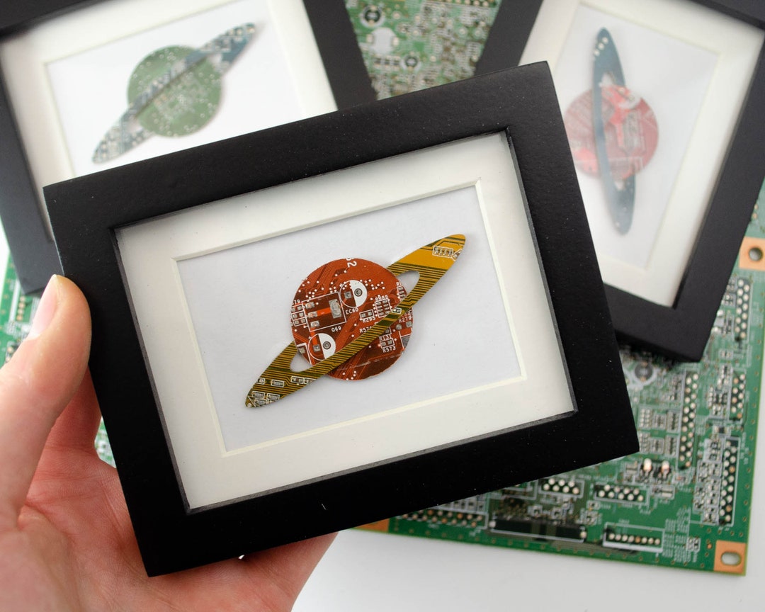 Mini Saturn Circuit Board Framed Art, Custom Recycled Motherboard