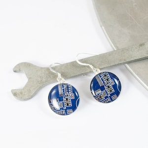 Circuit Board Earrings, Blue Sterling Silver Jewelry, Blue Dangle Earrings, Software Engineer, Women in Computing, Wearable Technology