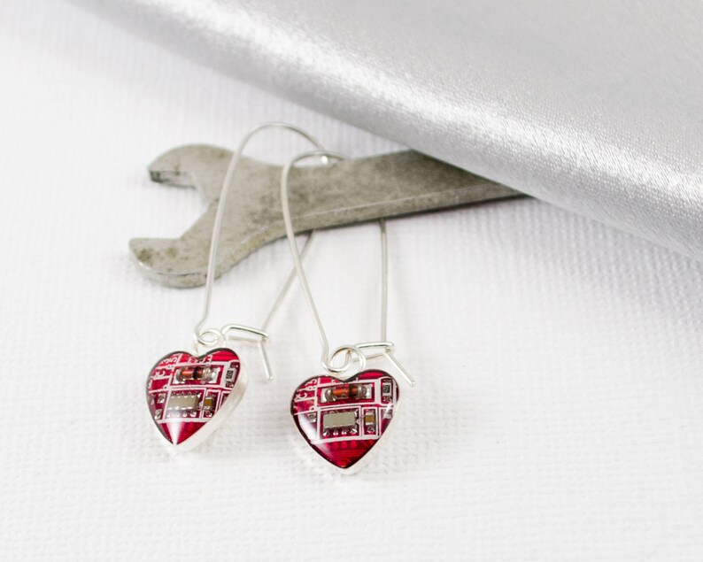Geeky Valentines Day Gift Geek Earrings Gift Circuit Board Earrings Small Red Hearts Wearable Technology Sterling Silver Dangle Earrings