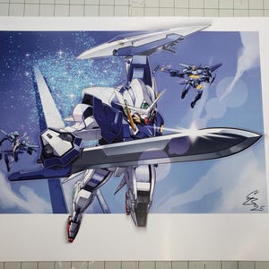 May include: A print featuring a detailed illustration of a white, blue, and gray mecha robot with a large sword. Several smaller mecha are in flight against a blue sky with stars. The artwork is signed and dated.