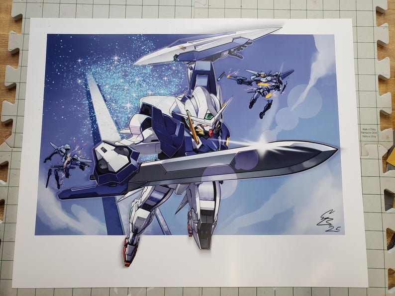 May include: A print featuring a detailed illustration of a white, blue, and gray mecha robot with a large sword. Several smaller mecha are in flight against a blue sky with stars. The artwork is signed and dated.