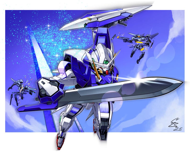 May include: An illustration of a blue and white mecha robot holding a large sword, with other smaller robots and a jet in the background. The artwork is set against a blue sky with sparkling effects.