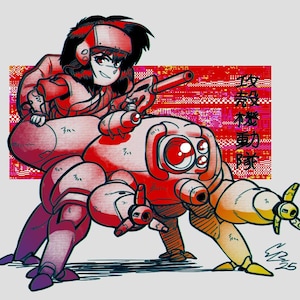 Pode incluir: Ilustração de um personagem montado em um veículo robótico vermelho e amarelo. O personagem usa um capacete e uniforme vermelhos, segurando uma arma. O fundo apresenta texto japonês e um design pixelado vermelho.