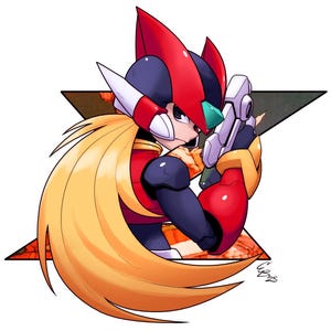 Puede incluir: Ilustración de un personaje de la serie Mega Man X. El personaje se representa en una pose dinámica, sosteniendo un arma futurista. La armadura del personaje es roja, negra y blanca, con pelo largo y rubio. El fondo presenta un símbolo 'X' estilizado.
