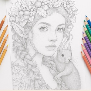 Puede incluir: Página para colorear para adultos en blanco y negro con un elfo del bosque y una ardilla. El elfo tiene el pelo largo trenzado, una corona floral y orejas puntiagudas. Lápices de colores de varios colores están colocados alrededor de la página.