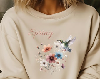 Sweater met bloemen en kolibrie - zachte, comfortabele voorjaarsronde hals