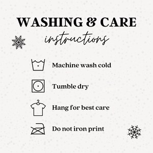 May include: Washing and care instructions for a garment. The instructions include machine wash cold, tumble dry, hang for best care, and do not iron print.