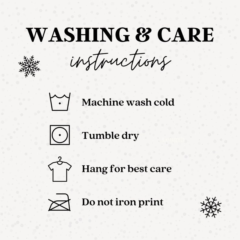 May include: Washing and care instructions for a garment. The instructions include machine wash cold, tumble dry, hang for best care, and do not iron print.