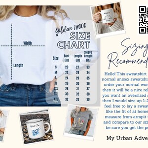 May include: White Gildan 18000 unisex sweatshirt size chart with measurements in inches for bust, length, and sleeve length. The chart shows sizes from S to 4XL. Sizing recommendation text is included.