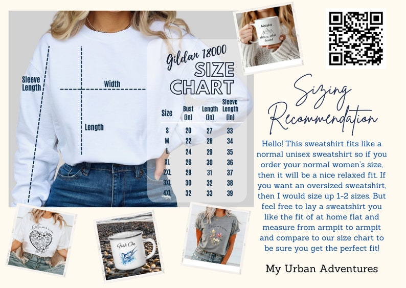 May include: White Gildan 18000 unisex sweatshirt size chart with measurements in inches for bust, length, and sleeve length. The chart shows sizes from S to 4XL. Sizing recommendation text is included.