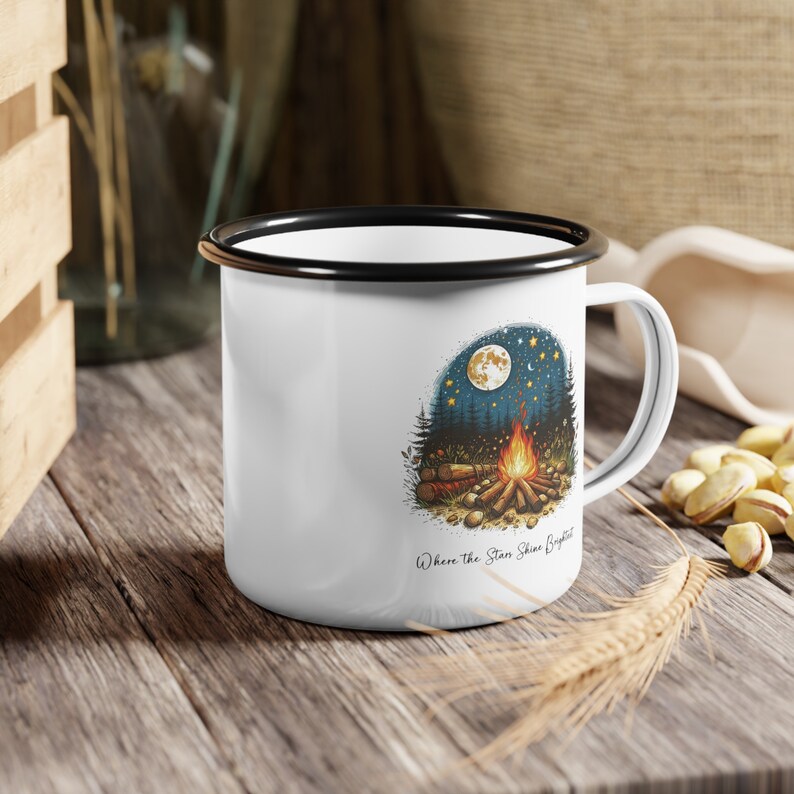 Outdoorsy Enamel Mug, Campfire Design (12oz Steel Cup) image 2