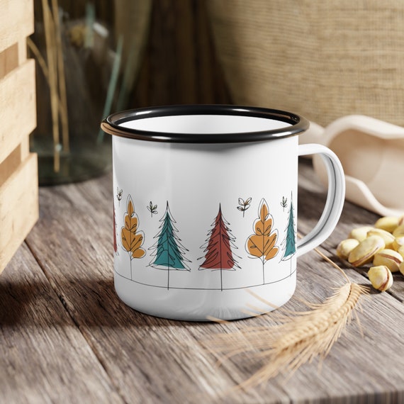Enamel Camping Mug: Forest Design, 12oz Outdoors Cup