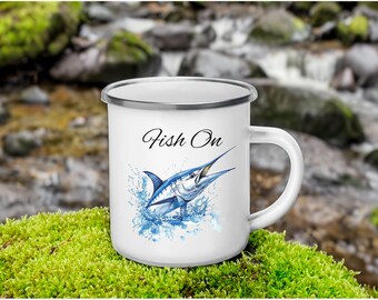 Blue Marlin Enamel Camping Mug: Durable 12oz Stainless Steel