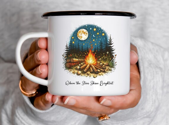 Outdoorsy Enamel Mug, Campfire Design (12oz Steel Cup)