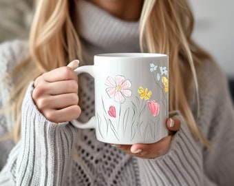 Floral Coffee Mug - White Ceramic, Comfortable Handle, 11 Ounces