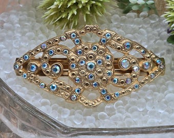 New Vintage Large Goldtone & Jeweled Barette Vintage Costume Gold Tone Large Multicolor Rhinestone Hair  main image 4