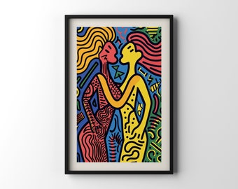 Abstract Female Love Poster, Two Diverse Women Wall Art, Colorful Modern Romance Print, Vibrant Artwork for Home Decor