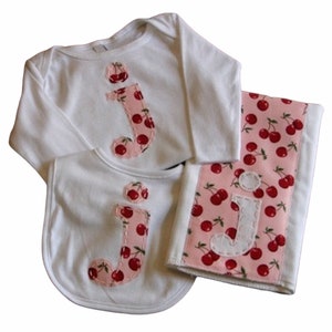 Baby Gift Set - Hand-stitched, Monogrammed: Pink Cherries Print
