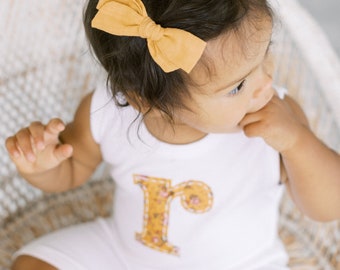 Pink + Yellow Floral Print Hand-stitched, Monogrammed T-shirt, Onesie, Romper, Sleeper, or Tank Top