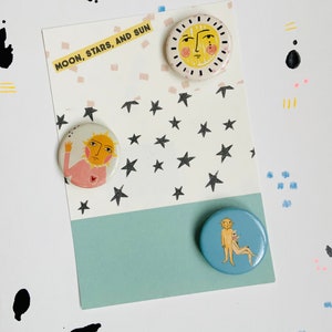 moon, sun, and stars pin set (3 pins 1.25” each)