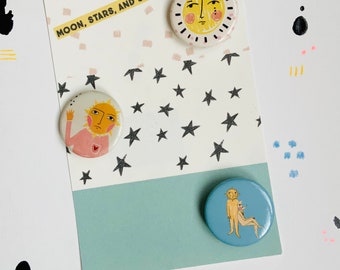 moon, sun, and stars pin set (3 pins 1.25” each)