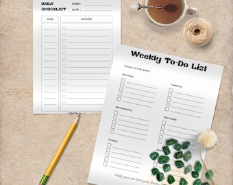 May include: Two white paper checklists, one labelled "Daily Checklist" and the other "Weekly To-Do List", are displayed on a textured surface. A yellow pencil, a cup of tea, and green rune stones are also present. The text "Only you can turn your dreams into reality!" is visible.