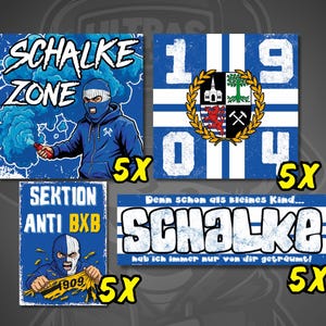 May include: Set of five Schalke 04 fan art prints. Designs include a figure in a blue balaclava with a flare, a flag with the number 1904, and text that reads "SEKTION ANTI BXB" and "SCHALKE".