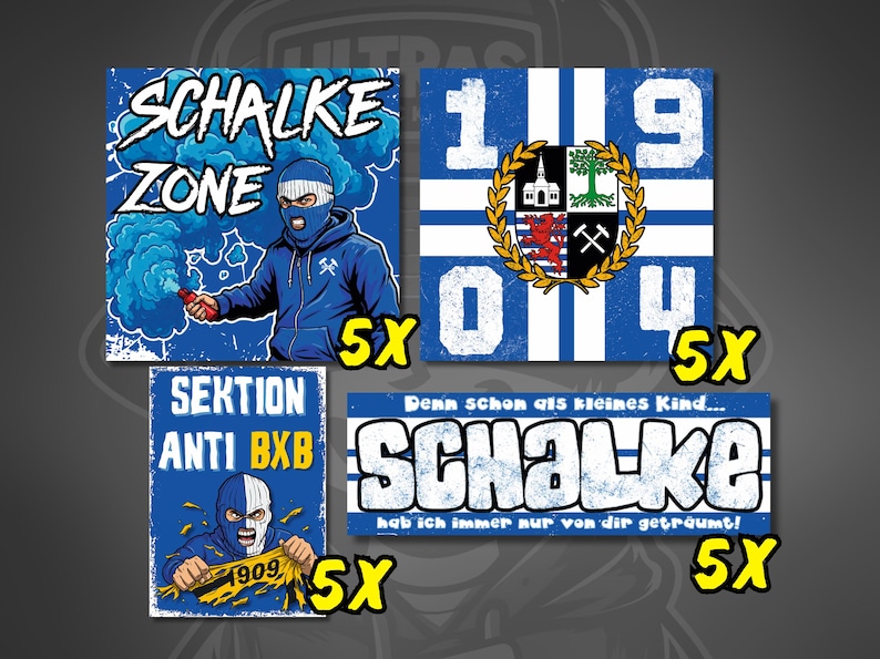 May include: Set of five Schalke 04 fan art prints. Designs include a figure in a blue balaclava with a flare, a flag with the number 1904, and text that reads "SEKTION ANTI BXB" and "SCHALKE".