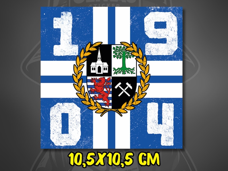 May include: Square sticker with a blue and white design featuring the numbers "1904". The center has a crest with a church, tree, lion, and crossed tools, surrounded by a gold wreath. The sticker measures 4.1 x 4.1 inches.