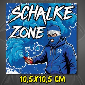 May include: Square sticker featuring a blue and white illustration of a person in a ski mask holding a red flare, with blue smoke. The text "SCHALKE ZONE" is in white. The sticker measures 4.1 x 4.1 inches.
