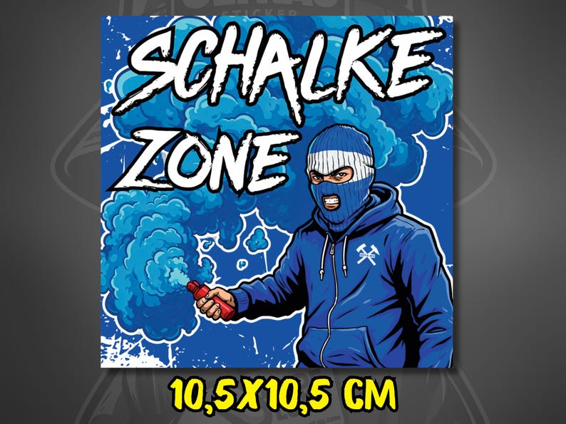 May include: Square sticker featuring a blue and white illustration of a person in a ski mask holding a red flare, with blue smoke. The text "SCHALKE ZONE" is in white. The sticker measures 4.1 x 4.1 inches.