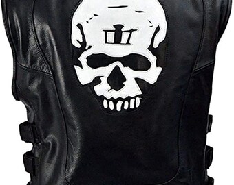 Mens Casual Icon Skull Halloween Cosplay Motorcycle Biker Genuine Leather Vest