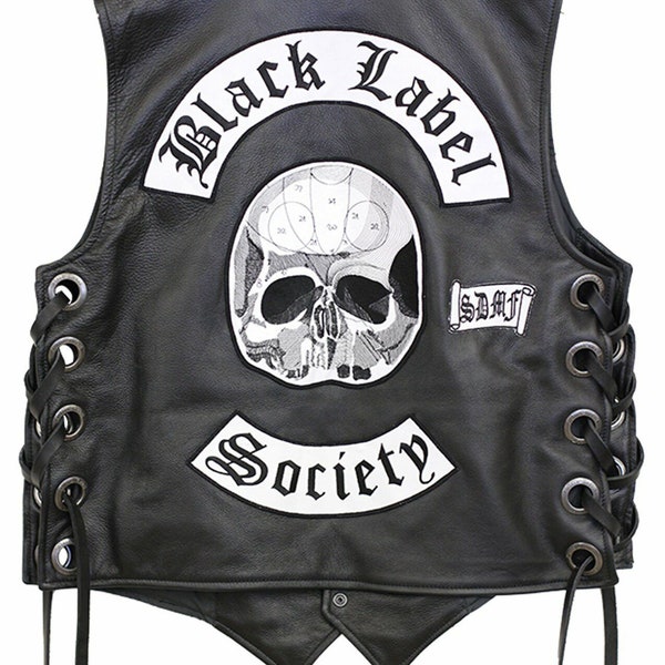 Zakk Wylde Black Label Society Biker Genuine Leather Vest BLS Patches