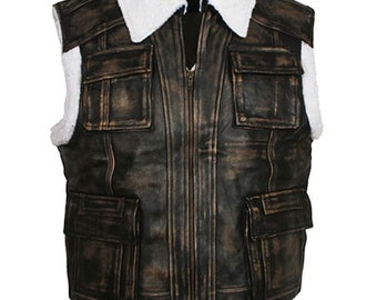 Mens Distressed Brown Fur Lined Winter Outfit  Motorcycle Biker Genuine Leather Vest