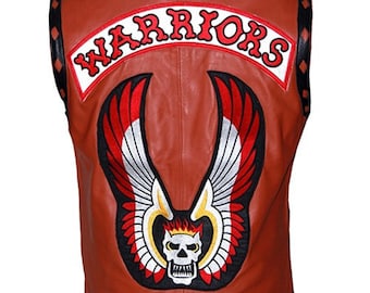 Mens Stylish The Warriors Movie Skull Embroidered Halloween Motorcycle Biker Genuine Leather Vest