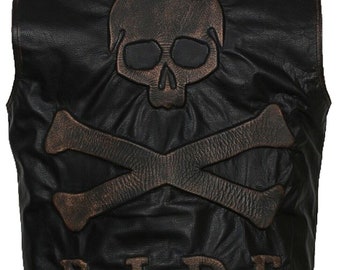 Mens Cross Bones Skull Embossed Black Distressed Motorcycle Biker Genuine Leather Vest
