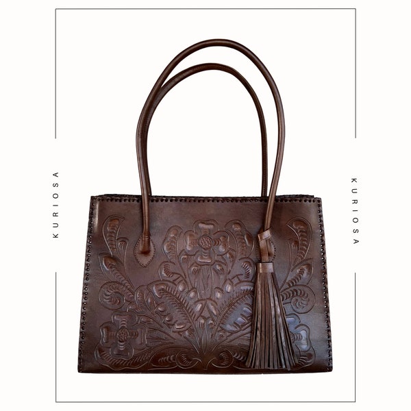 Artisan made, hand-tooled, genuine leather, tote bag-Chocolate