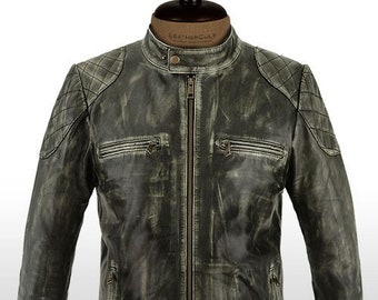 Handgefertigte Herren Grau Distressed Lederjacke Bikerjacke