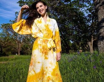 Mellow Yellow Kimono - Tie Dye Robe - Hand Dyed - Rayon - Cover Up