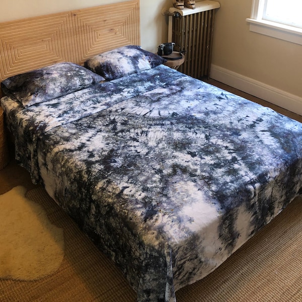 Graphite Tie Dye Bedding - Tie Dye Organic Sheet Set - Hand Dyed Bedding - Halloween Bedroom