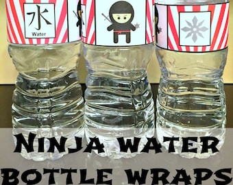 PDF: "Cute but Fierce" Ninja Water Bottle Label Wraps - Rising Sun Flag - Napkin Wraps with Water Symbol and Throwing Star