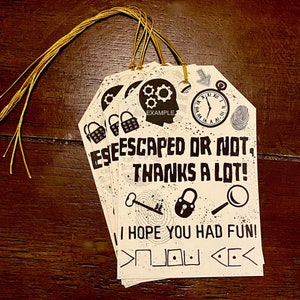Escape Room Tags with Interactive Code - Aged Background - 2 3/4&quot; x 3 7/8&quot; - Party Favor Gift Digital File DIY Printable JPG & PDF
