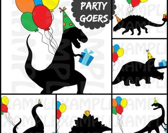 PDF : Lot de 6 panneaux « Party Goers » de dinosaures - Ballons d'anniversaire imprimables sur le thème des dinosaures DIY