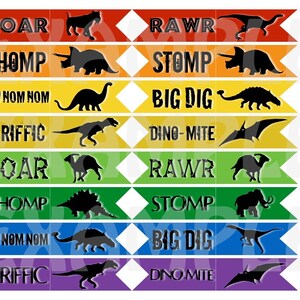 May include: Printable dinosaur cupcake topper flags with phrases such as "Roar", "Chomp", "Om Nom Nom", "T-Rific", "Rawr", "Dino-mite", "Big Dig", and "Stomp". The flags are in a variety of colours, including red, orange, yellow, green, blue, and purple.