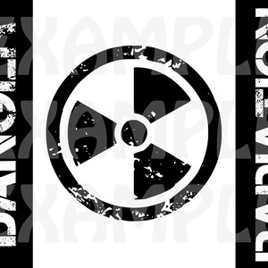 May include: A black and white graphic design featuring a radiation symbol in the center. The word "DANGER" is vertically stacked on the left, and "RADIATION" is stacked on the right. The design has a distressed, grunge style.
