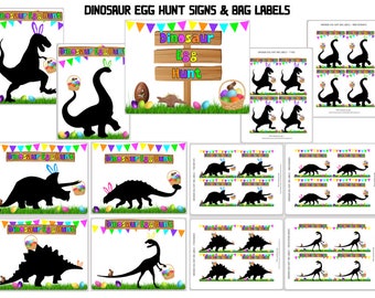 PDF: Dinosaur Easter Egg Hunt Combo Pack - Party Signs and Bag Labels - Digital File DIY Printable