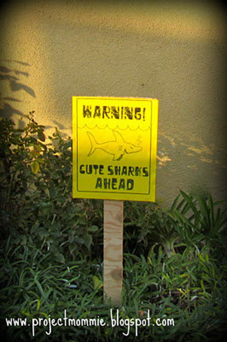 CUTE SHARK Combo Party Pack PDF: Shark Party Sign & Party Favor Tags Warning Cute Sharks Ahead sign and Thanks Chums tags image 2