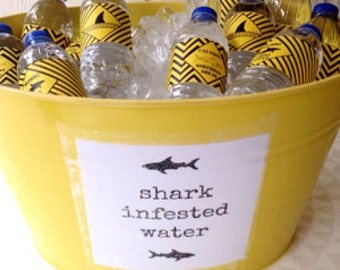 PDF: Shark Water Bottle Label Wraps w BONUS "Shark Infested Water" Sign - Napkin Wraps - Printable - Caution