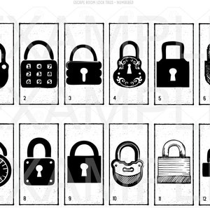 May include: Twelve black and white illustrations of different types of locks, numbered 1 through 12.  Some locks have combination dials, others have keyholes, and some have intricate designs.